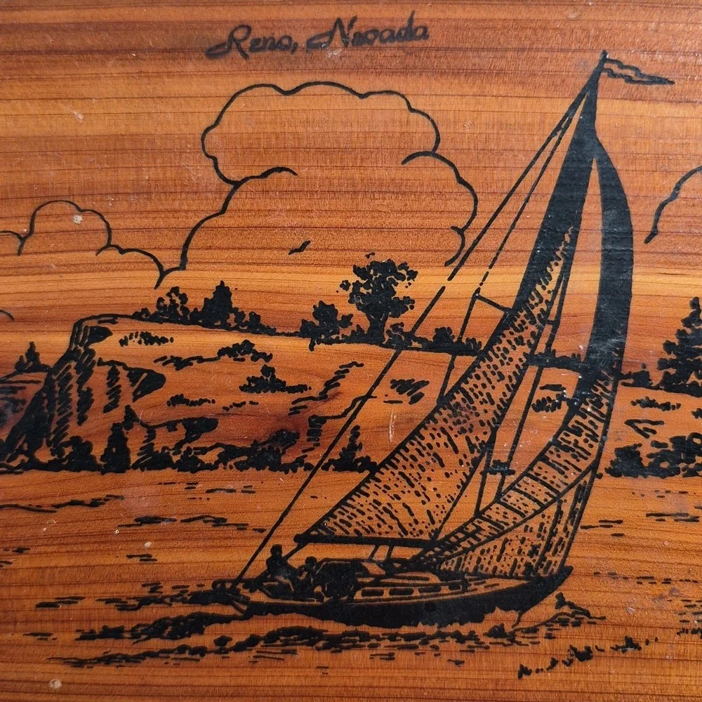 Vintage Cedar Wood Keepsake Trinket Box Sailboat Scene‎ Reno Nevada